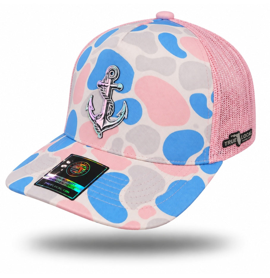 Pink Duck Camo Holographic Anchor Trucker Hat, bill pointing left with silver holographic anchor patch and pink mesh