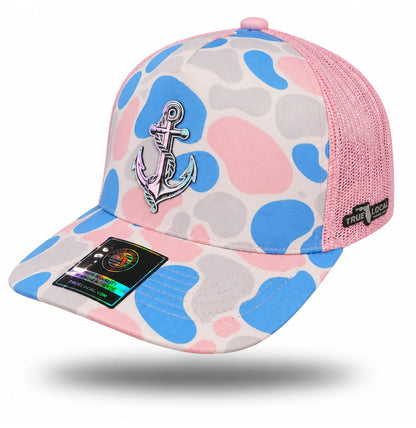 Pink Duck Camo Holographic Anchor Trucker Hat, bill pointing left with silver holographic anchor patch and pink mesh