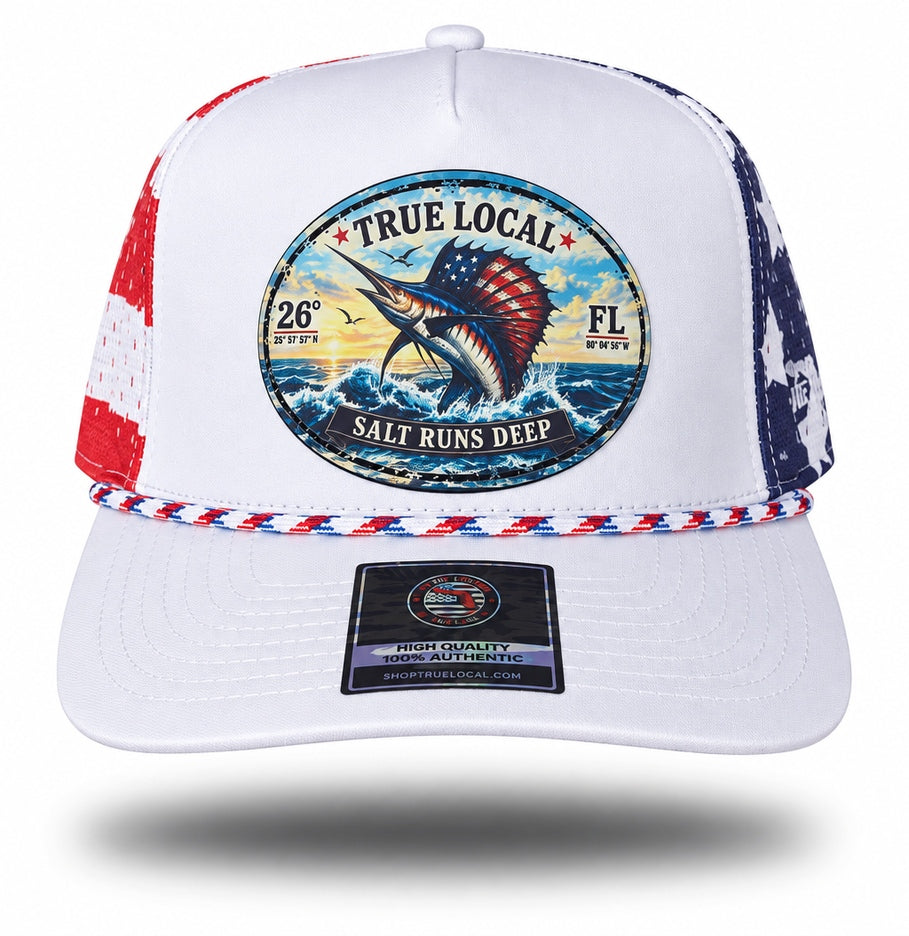 Salt Runs Deep sailfish performance rope hat front showing American flag sailfish, sunset waves and True Local oval artwork