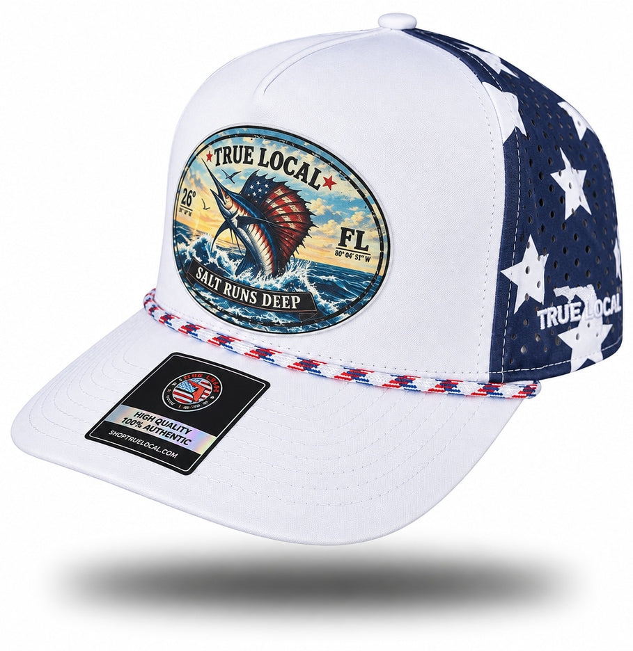 Salt Runs Deep sailfish performance rope hat side view with white crown, oval fishing artwork and navy perforated stars panel