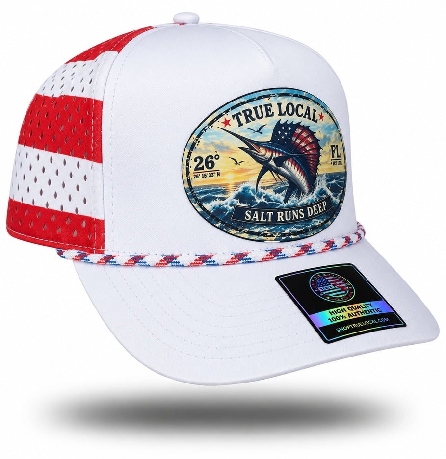White Salt Runs Deep sailfish performance rope hat opposite side showing red and white striped perforated panel and patriotic rope