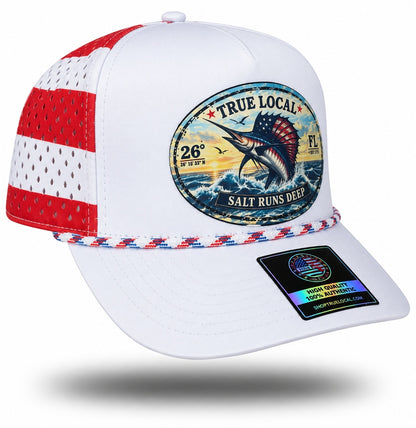 White Salt Runs Deep sailfish performance rope hat opposite side showing red and white striped perforated panel and patriotic rope