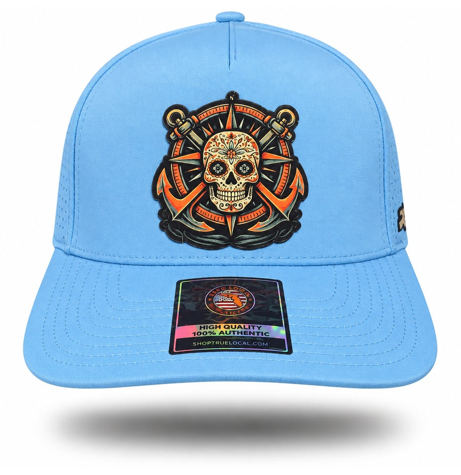 Sky Blue Sugar Skull Anchor Performance Hat, front view showing sugar skull compass and twin-anchor patch