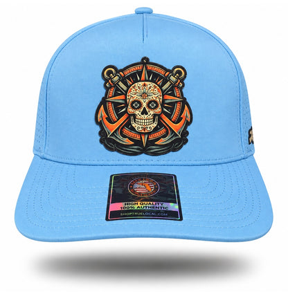 Sky Blue Sugar Skull Anchor Performance Hat, front view showing sugar skull compass and twin-anchor patch