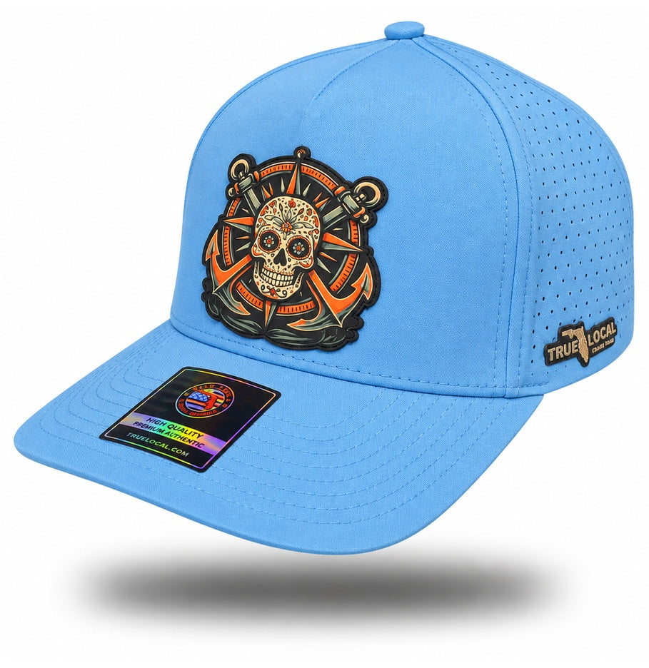 Sky Blue Sugar Skull Anchor Performance Hat, bill pointing left with side panels and True Local embroidery