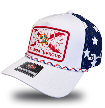 Florida Proud stars and stripes rope hat side view with white stars on navy mesh and True Local logo