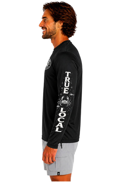 True Local vertical sleeve print with crab and fish on black long sleeve Dri-Fit shirt left sleeve