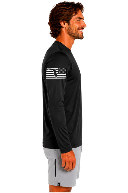 Florida and USA flag graphic on black long sleeve Dri-Fit shirt right sleeve