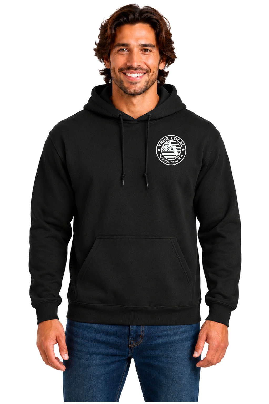 Black Stay Salty hoodie sweatshirt front with True Local Florida Original round chest badge