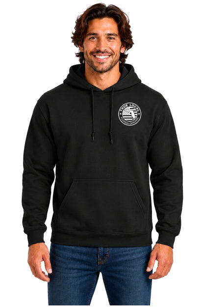 Black True Local hoodie sweatshirt front with True Local Florida Original round chest badge