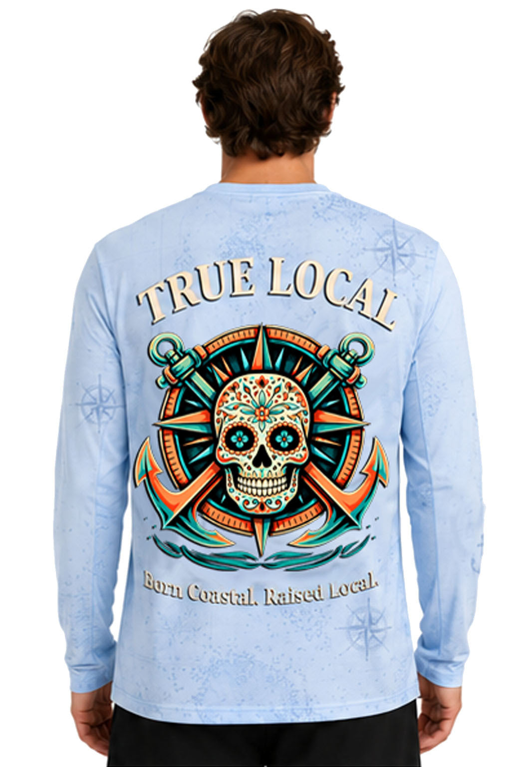Sugar Skull Anchor long sleeve UPF fishing shirt back view - nautical compass and anchor print
