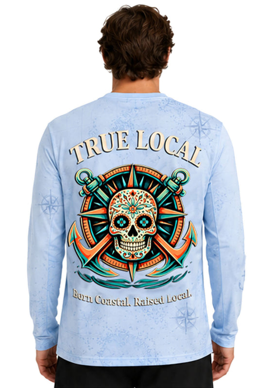 Sugar Skull Anchor long sleeve UPF fishing shirt back view - nautical compass and anchor print