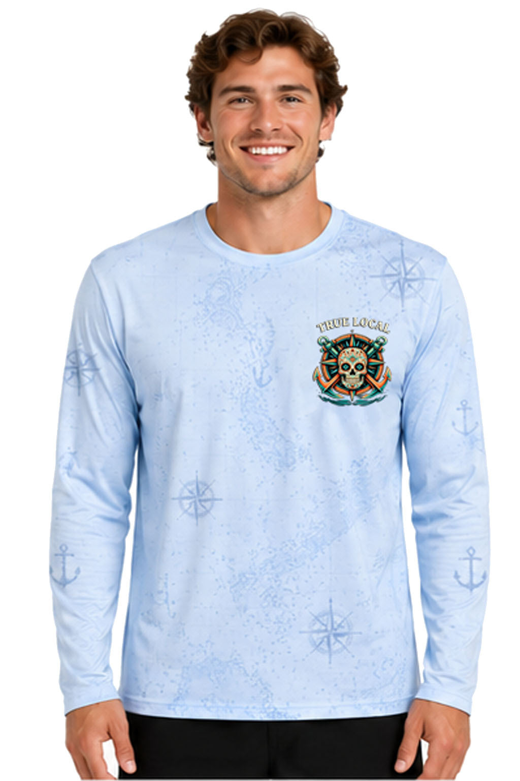 Sugar Skull Anchor dri-fit long sleeve sun shirt front view - Day of the Dead nautical design Sky Blue