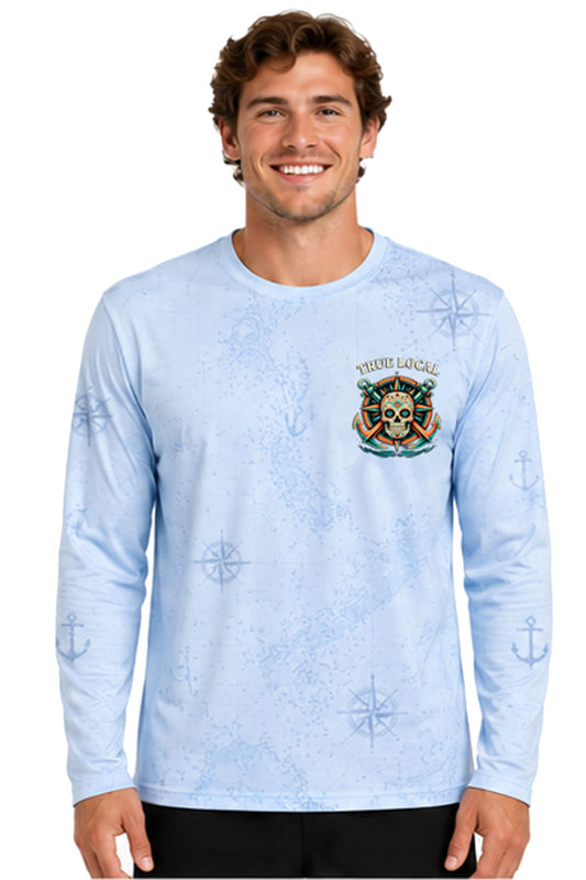 Sugar Skull Anchor dri-fit long sleeve sun shirt front view - Day of the Dead nautical design Sky Blue