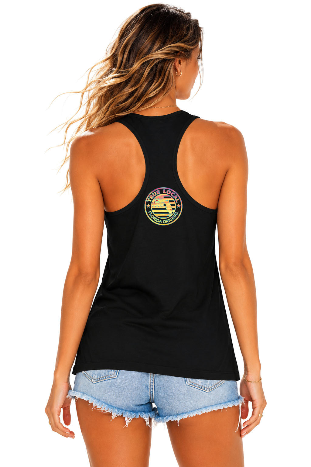 Black Distressed True Local Florida Proud Racerback Tank front view | True Local Florida apparel