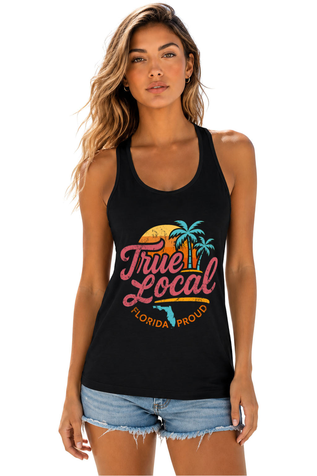 Black Distressed True Local Florida Proud Racerback Tank front view | True Local Florida apparel