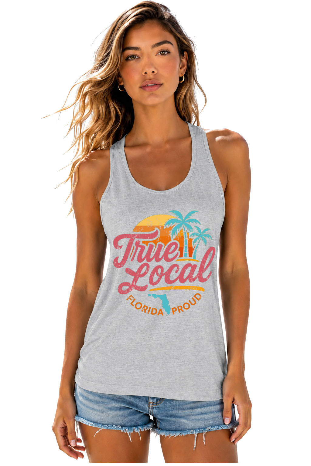 Gray Distressed True Local Florida Proud Racerback Tank front view | True Local Florida apparel