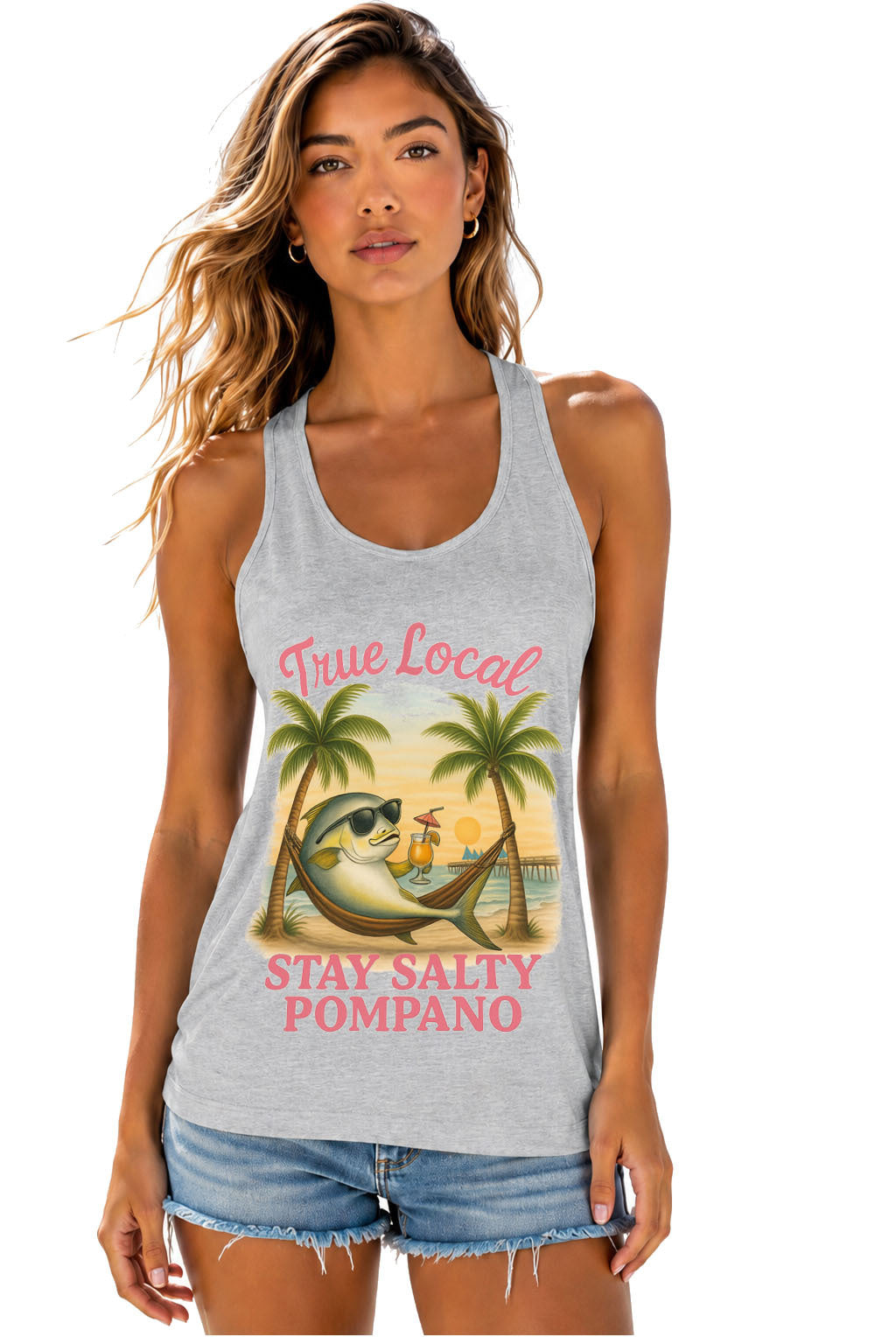 Gray Stay Salty Pompano Racerback Tank front view | True Local Florida apparel