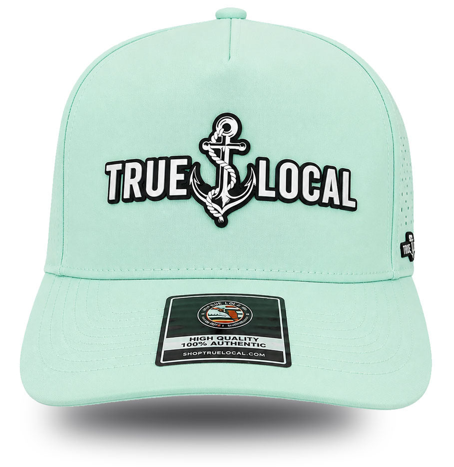 True Local women's anchor performance hat in Mangrove Mist seafoam green with iridescent holographic patch front view