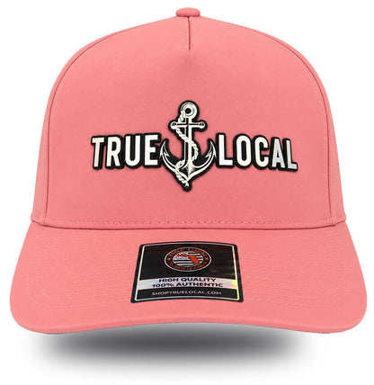 True Local women's anchor performance hat in Sea Hibiscus coral with iridescent holographic patch front view