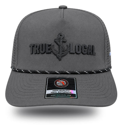 Black holographic TRUE LOCAL anchor logo on gun gray Darkwater Glow performance rope hat, front view