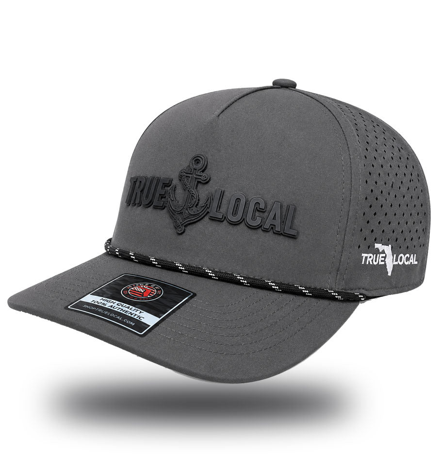 Gun gray True Local Darkwater Glow anchor performance rope hat, side view