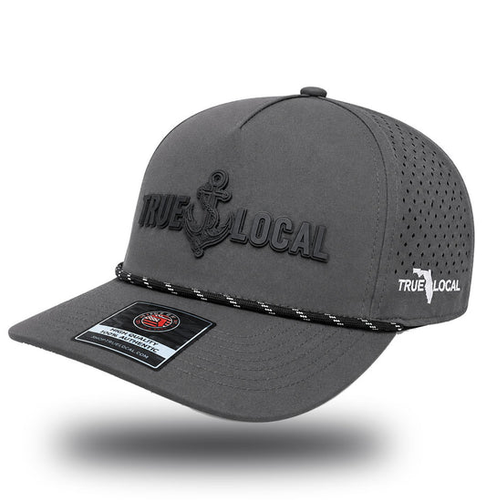 Gun gray True Local Darkwater Glow anchor performance rope hat, side view