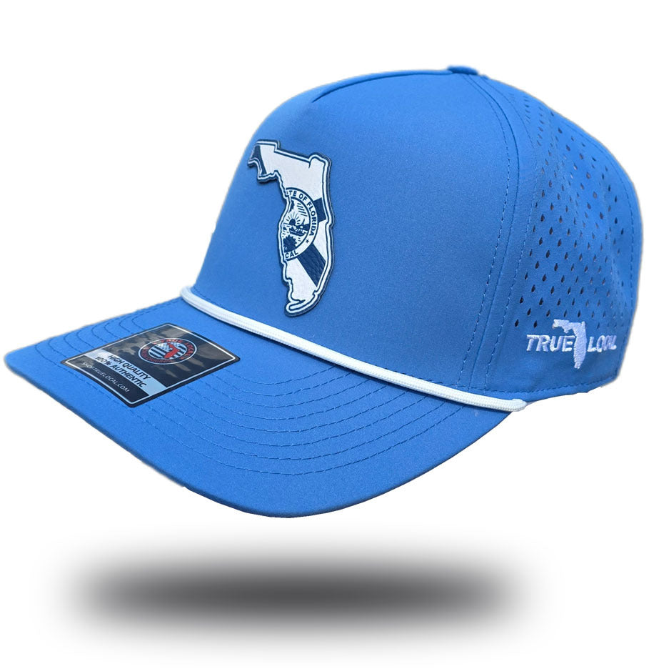 Sky blue Florida state flag performance rope hat with white state patch, side view