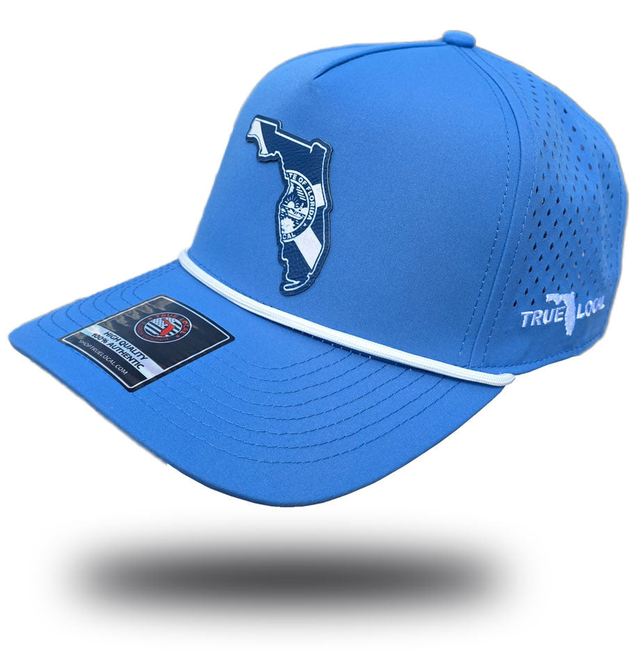 Sky blue Florida state flag performance rope hat with navy state patch, side view
