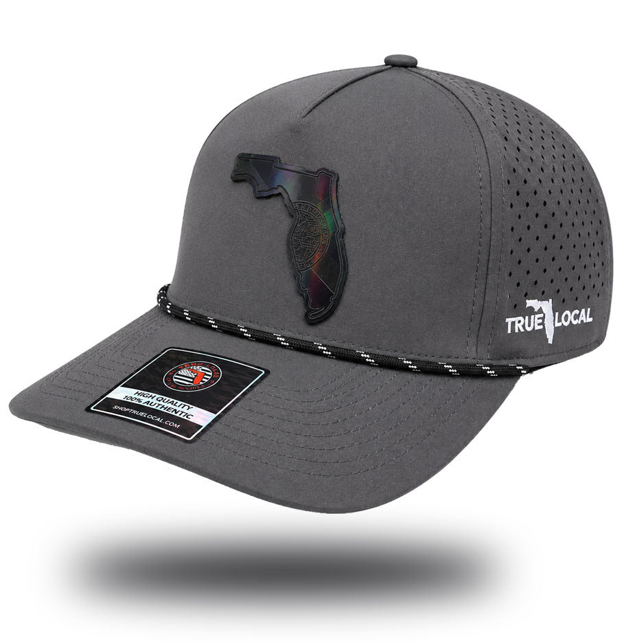 Gun gray Darkwater Glow Florida state flag performance rope hat, side view