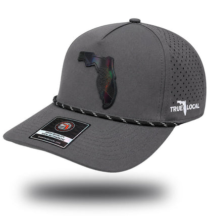 Gun gray Darkwater Glow Florida state flag performance rope hat, side view