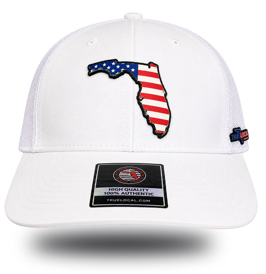 Stars and stripes American flag Florida state patch on white mesh trucker hat, front view