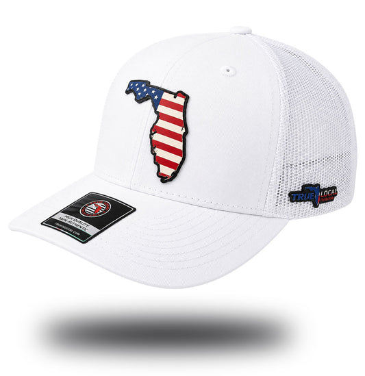 White Florida USA flag trucker hat with stars and stripes state patch, side view