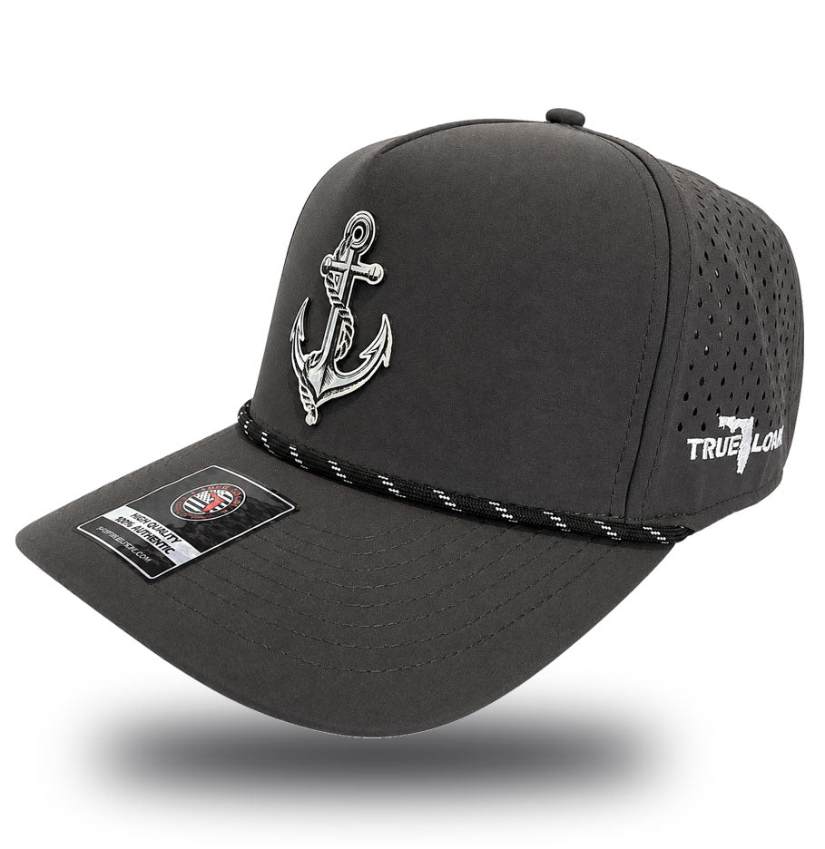 True Local anchor charcoal performance rope hat front view with nautical design