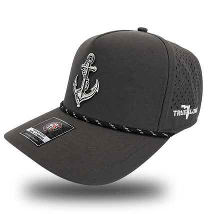 True Local anchor charcoal performance rope hat front view with nautical design