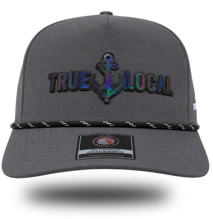 Darkwater Glow anchor patch showing shifting color in direct light, front view of gun gray rope hat