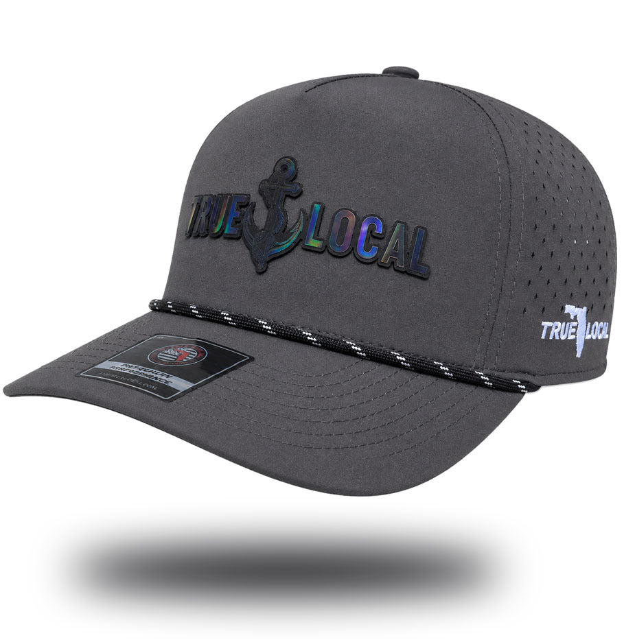 Gun gray Darkwater Glow anchor rope hat, side view with sunlight catching the holographic patch