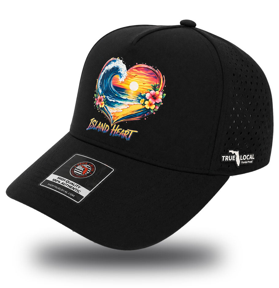 True Local Island Heart performance hat in black with tropical wave sunset design - side view