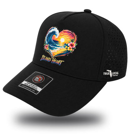 True Local Island Heart performance hat in black with tropical wave sunset design - side view