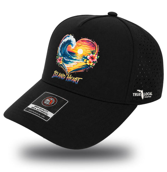 True Local Island Heart performance hat in black with tropical wave sunset design - side view