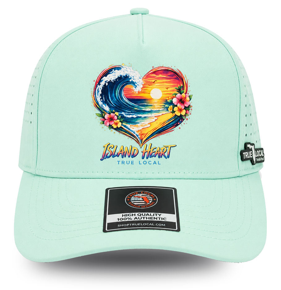 True Local Island Heart performance hat in mint with tropical wave sunset design - front view