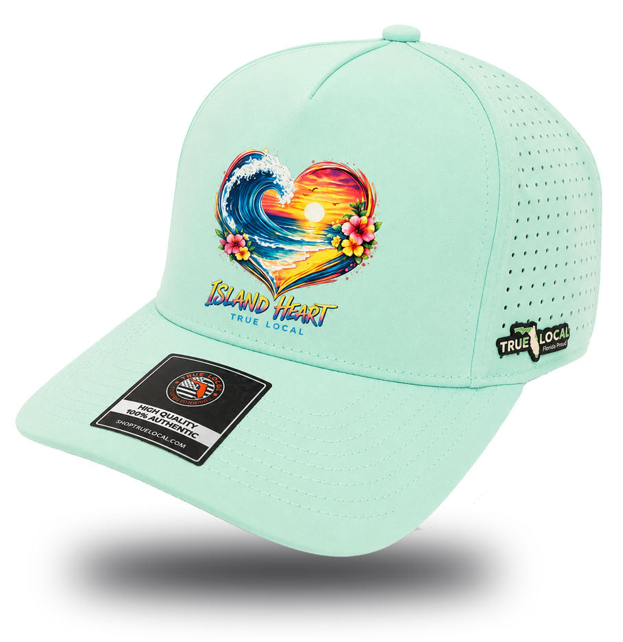True Local Island Heart performance hat in mint with tropical wave sunset design - side view