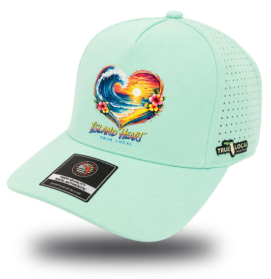 True Local Island Heart performance hat in mint with tropical wave sunset design - side view