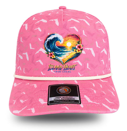 True Local Island Heart performance hat in pink Florida pattern with tropical wave design - front view