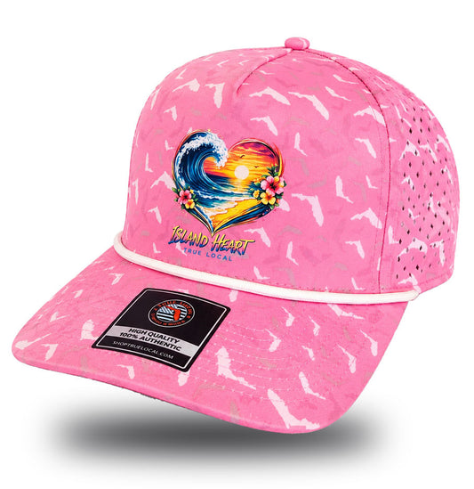 True Local Island Heart performance hat in pink Florida pattern with tropical wave design - side view