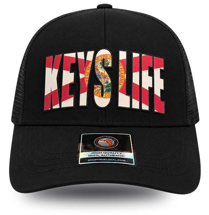 True Local Keys Life trucker hat in black with Florida flag lettering - front view