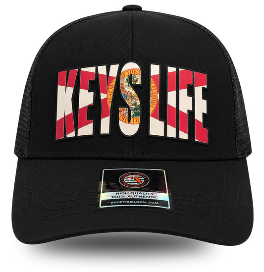 True Local Keys Life trucker hat in black with Florida flag lettering - front view