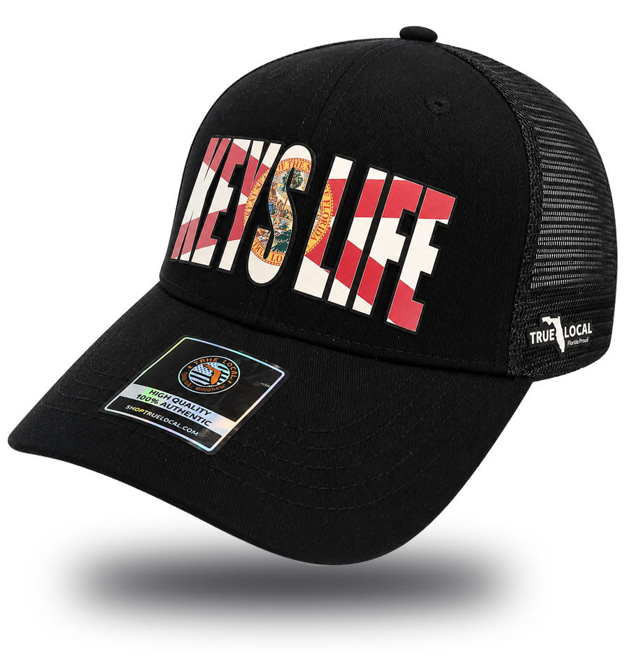 True Local Keys Life trucker hat in black with Florida flag lettering - side view