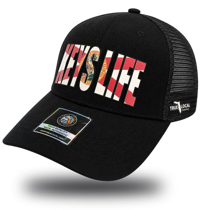 True Local Keys Life trucker hat in black with Florida flag lettering - side view