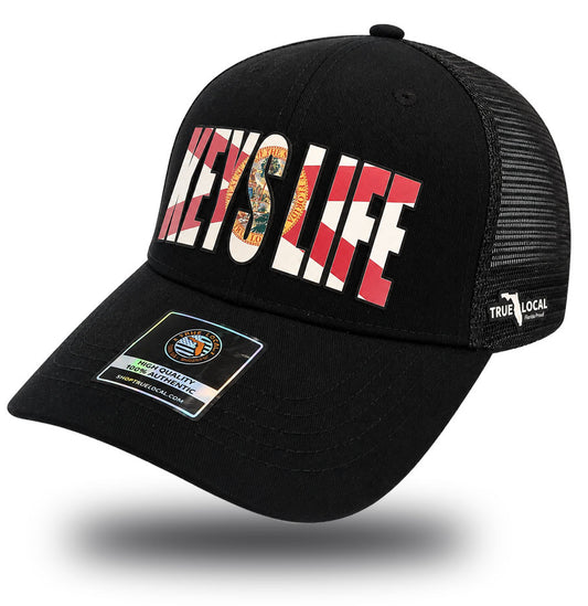 True Local Keys Life trucker hat in black with Florida flag lettering - side view